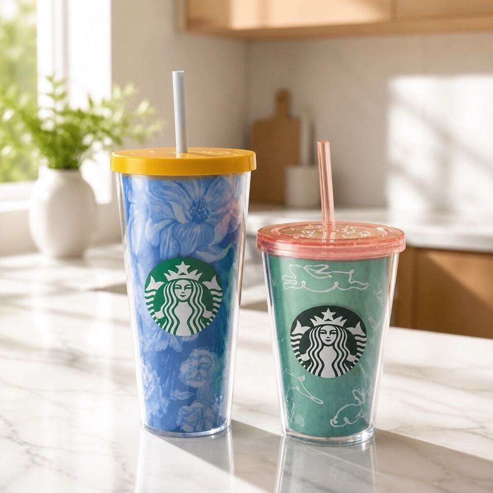 Lot of 2 Starbucks Cups 24/16 Oz Easter Bunny Rainbow Desert Cactus With Straws